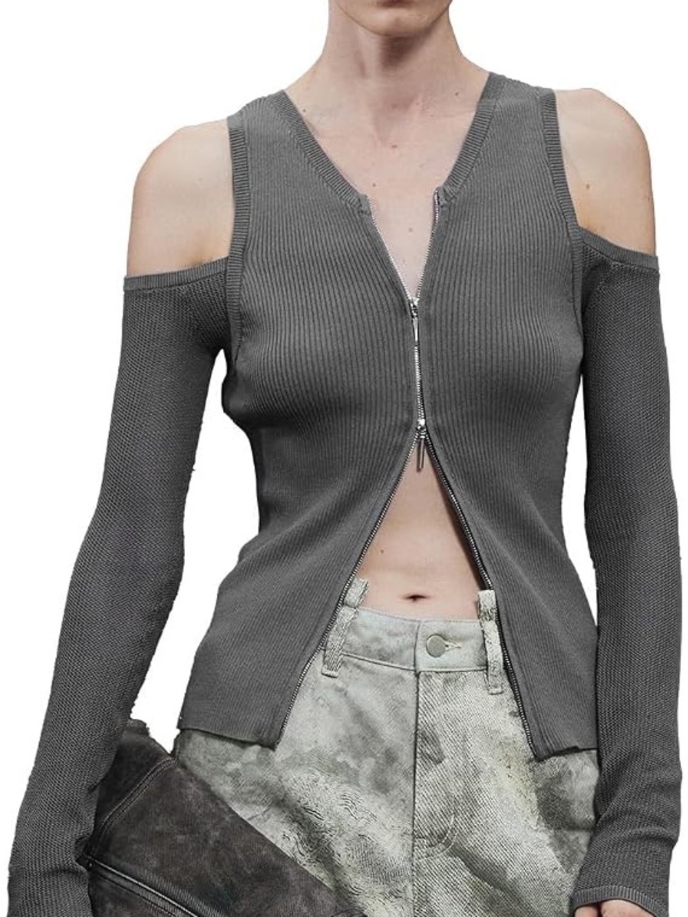 Cold-Shoulder Zip Front Ribbed Knit Top - Urban Revivo